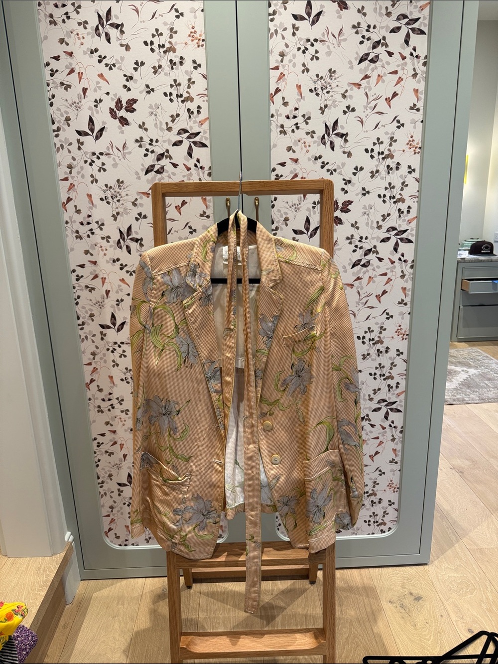 forte_forte Peach Gingham Floral Tie-Neck Blouse